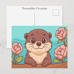 Cartes Pour Fêtes Annuelles Dessin animé de loutre mignonne avec des roses et 