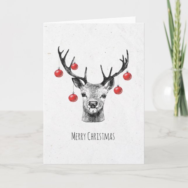 Cartes Pour Fêtes Annuelles Dessin de cerfs avec des boules de Noël (Devant)