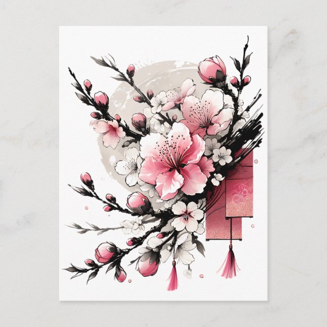 Cartes Pour Fêtes Annuelles Dessin d'encre de Hoa Dao Bonne année (Devant)