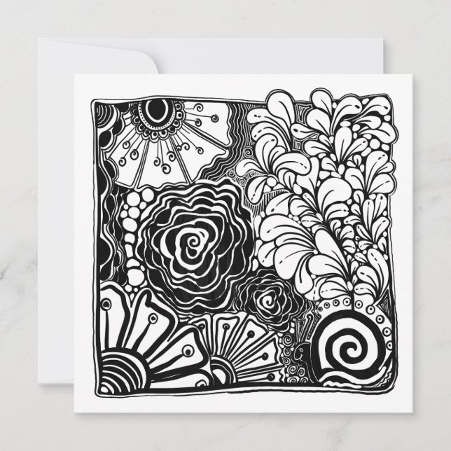 Cartes Pour Fêtes Annuelles Dessin Floral Zen Noir Et Blanc (Devant)