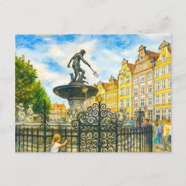 Cartes Pour Fêtes Annuelles Dessin pastel de la Fontaine Neptune de Danzig sur (Devant)