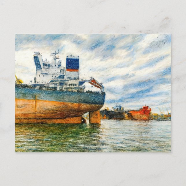 Cartes Pour Fêtes Annuelles Dessin pastel du cargo dans le port de Danzig (Devant)