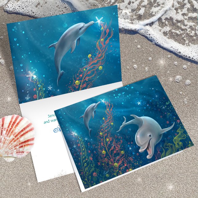 Cartes Pour Fêtes Annuelles Dessin Unique de Dauphin Joyeux Noël Magique (Add your own custom holiday greeting to these unique,  painted dolphin Christmas cards.)