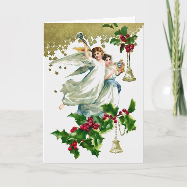 Cartes Pour Fêtes Annuelles Deux anges avec cloches Noël (Devant)