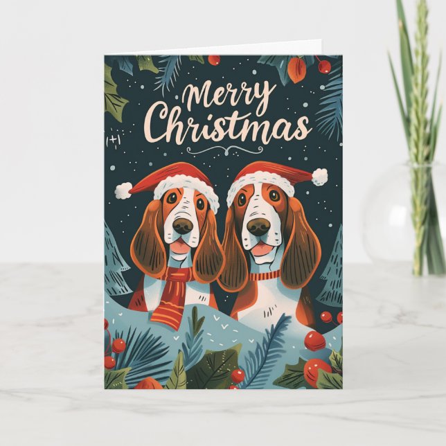 Cartes Pour Fêtes Annuelles Deux Basset Hound Joyeux Noël Personnalisé (Devant)