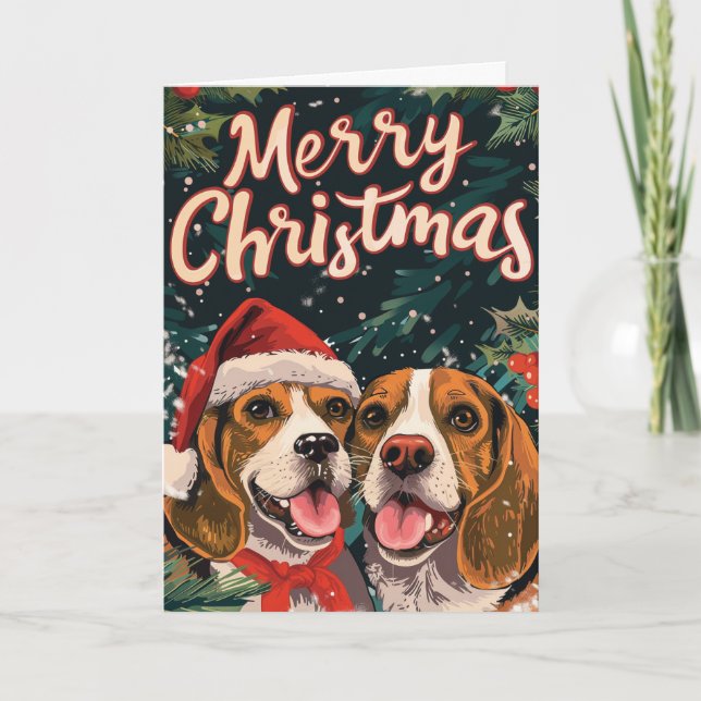 Cartes Pour Fêtes Annuelles Deux Beagles Joyeux Noël Personnalisé (Devant)