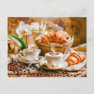 Cartes Pour Fêtes Annuelles Deux cappuccinos avec croissants et orchidées