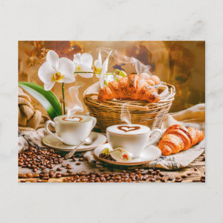 Cartes Pour Fêtes Annuelles Deux cappuccinos avec croissants et orchidées