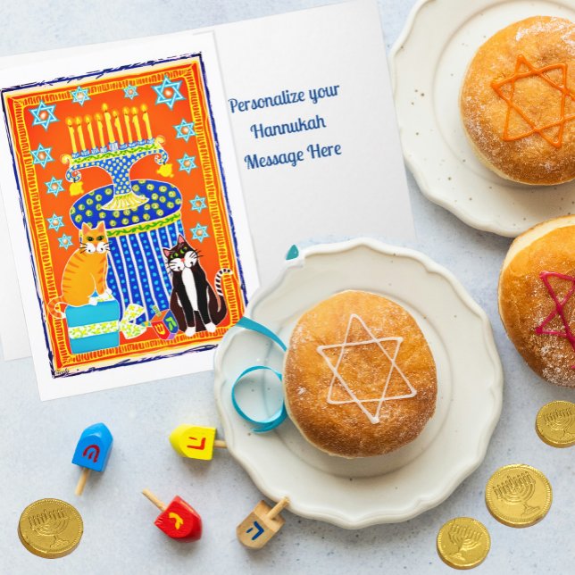 Cartes Pour Fêtes Annuelles Deux chats célèbrent les vacances personnalisées H (Personalize your special Hanukkah message in side this cute cat card!)