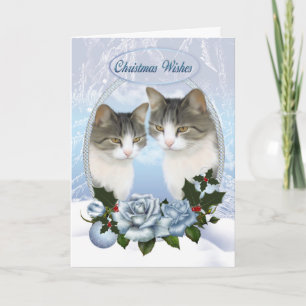 Cartes Pour Fêtes Annuelles Deux chats de Noël avec glace à la neige et Roses
