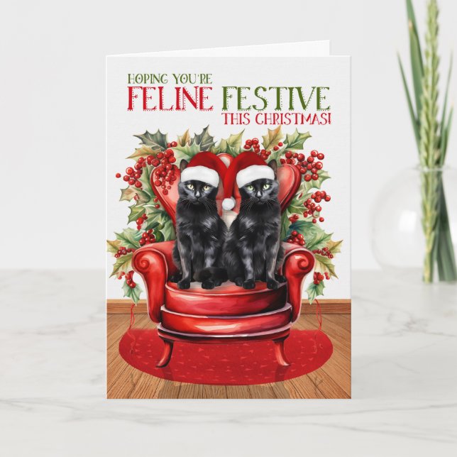 Cartes Pour Fêtes Annuelles Deux chats de Noël noirs Bombay FELINE Festin (Devant)