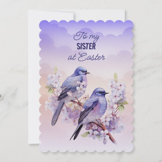 Cartes Pour Fêtes Annuelles Deux oiseaux pourpres Fleurs de printemps Soeur Pâ (Devant)