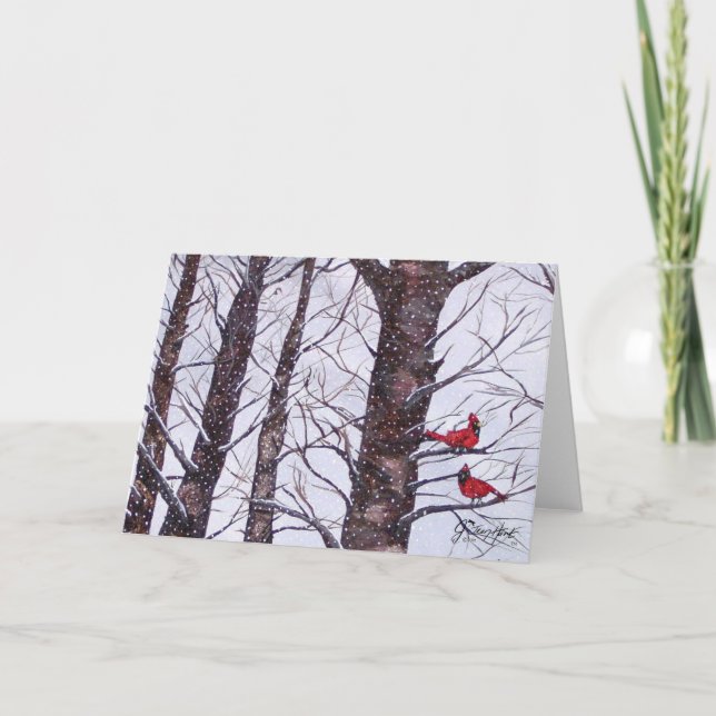 Cartes Pour Fêtes Annuelles Deux oiseaux rouges en hiver (Devant)