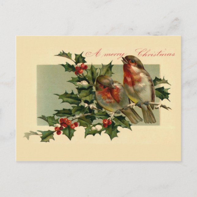 Cartes Pour Fêtes Annuelles Deux oiseaux sur une branche de Holly (Devant)