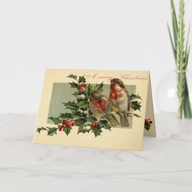 Cartes Pour Fêtes Annuelles Deux oiseaux sur une branche de Holly (Devant)