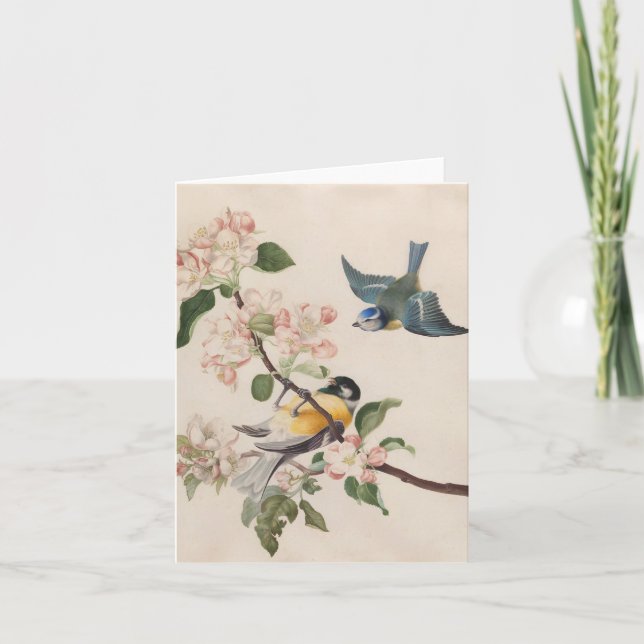 Cartes Pour Fêtes Annuelles Deux petits oiseaux près d'une branche de fleurs d (Devant)