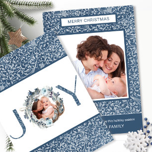 Cartes Pour Fêtes Annuelles Deux photos, Elegant Motif bleu et gris