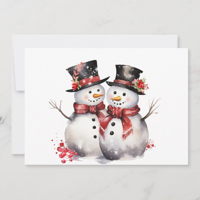 Cartes Pour Fêtes Annuelles Deux Snowman en chapeau supérieur et Écharpes roug (Devant)