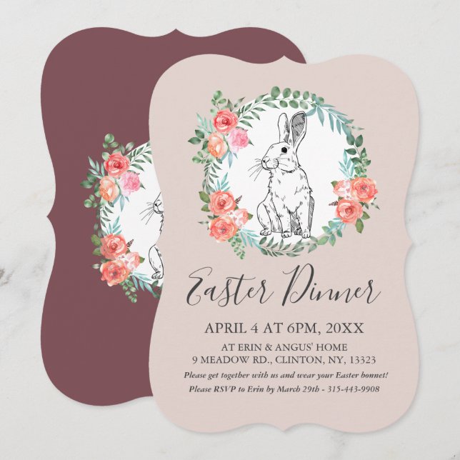 Cartes Pour Fêtes Annuelles Dîner de Pâques Bunny Chic Boho Floral Mauve Invit (Devant / Derrière)