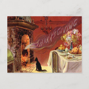 Cartes Pour Fêtes Annuelles Dîner de Thanksgiving Chat Noir Cheminée Dinde