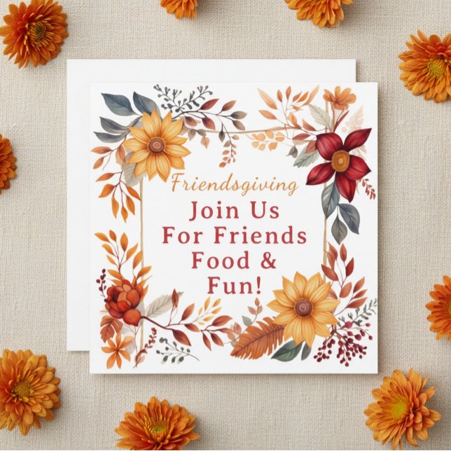 Cartes Pour Fêtes Annuelles Dîner Friendsgiving avec cadre floral d'automne él (Créateur téléchargé)