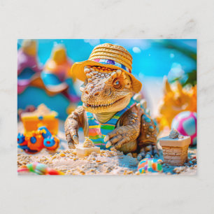 Cartes Pour Fêtes Annuelles Dino Bâtiment Sandcastle sur la plage