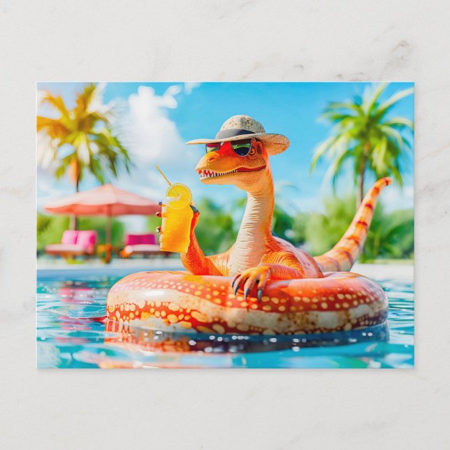 Cartes Pour Fêtes Annuelles Dino en piscine avec cocktail (Devant)