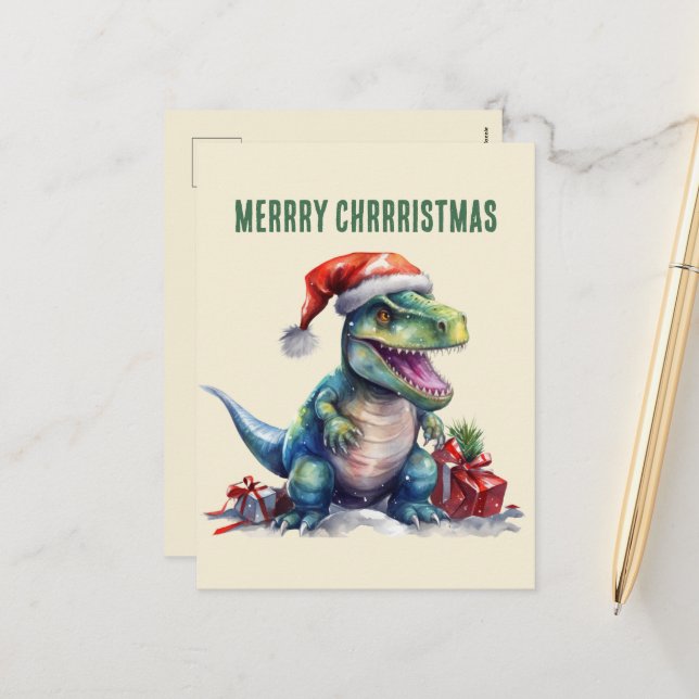 Cartes Pour Fêtes Annuelles Dinosaure aquarelle Noël Père Noël (Devant/Arrière en situation)