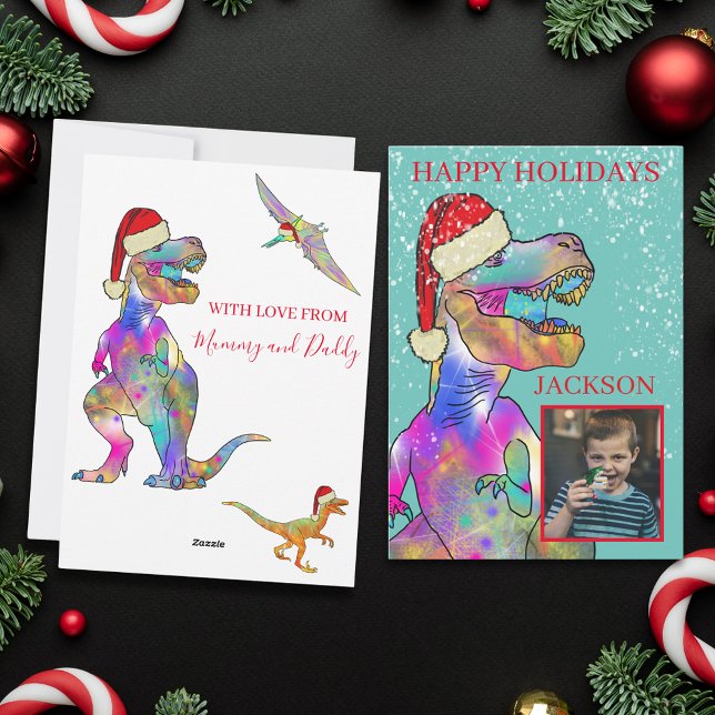 Cartes Pour Fêtes Annuelles Dinosaure de Noël Photo personnalisée (Dinosaur christmas custom photo holiday card with T-Rex santa)