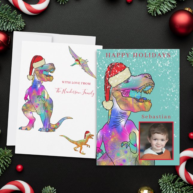 Cartes Pour Fêtes Annuelles Dinosaure de Noël Photo personnalisée (Christmas dinosaur custom photo family holiday greetings card)
