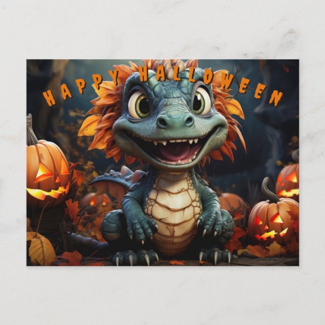 Cartes Pour Fêtes Annuelles Dinosaure D'Halloween En Forêt Avec Citrouilles (Devant)