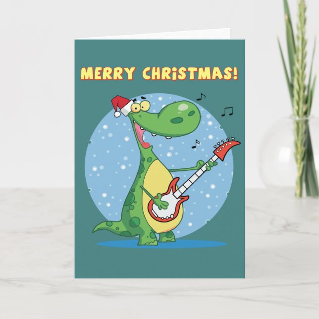 Cartes Pour Fêtes Annuelles Dinosaure Drôle La Guitare À Noël (Devant)