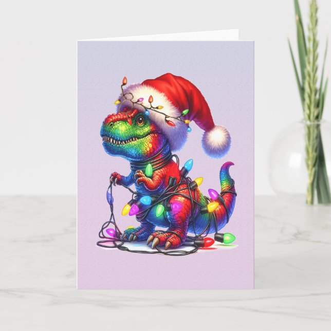 Cartes Pour Fêtes Annuelles Dinosaure empêtré dans les lumières de Noël (Devant)