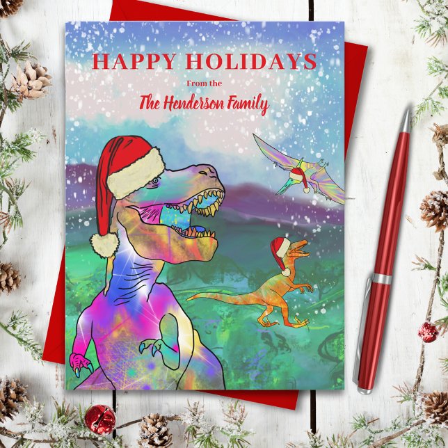 Cartes Pour Fêtes Annuelles Dinosaures de Noël avec chapeaux de Père Noël Budg (Christmas dinosaurs wearing Santa hats custom budget holiday greetings postcard)