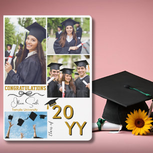 Cartes Pour Fêtes Annuelles Diplôme 4 Photos personnalisées,Diplômé,Or & Blanc
