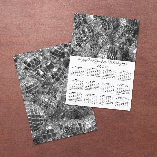 Cartes Pour Fêtes Annuelles Disco Ball Ornements Photo 2026 Calendrier Nouvel  (Disco Ball Ornaments Photo 2026 Calendar New Year Holiday Card, front/back)