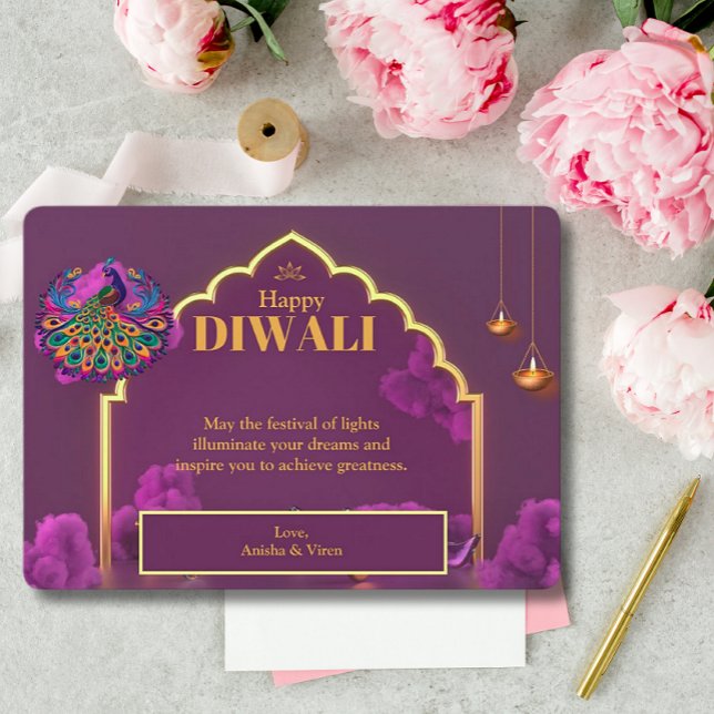 Cartes Pour Fêtes Annuelles Diwali Purple Gold Peacock Lamp Salutation (Créateur téléchargé)
