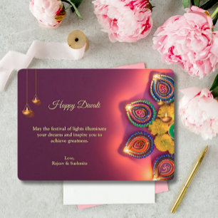 Cartes Pour Fêtes Annuelles Diwali Purple Golden Lamp Diyas Salutation