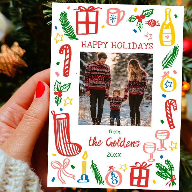 Cartes Pour Fêtes Annuelles Dodle de Noël lunatique mignonne photo personnalis (Whimsical Christmas Doodle Sketch Cute Custom PHOTO Flat Holiday Card
)