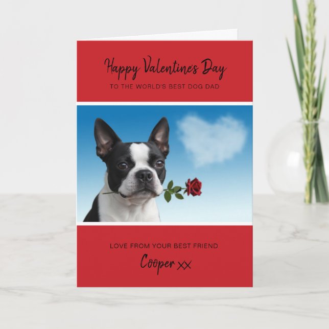 Cartes Pour Fêtes Annuelles Dog Dad Valentine From Boston Terrier Holding Rose (Devant)