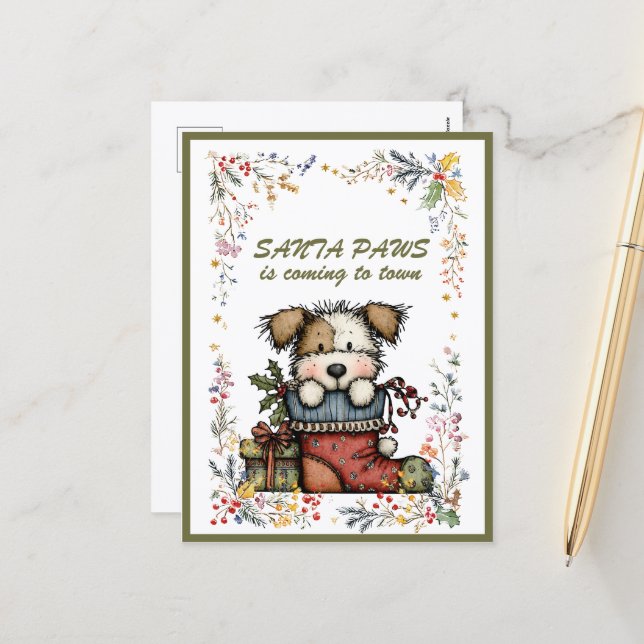 Cartes Pour Fêtes Annuelles Dog In Stocking Santa PAWS is Coming to Town (Devant/Arrière en situation)