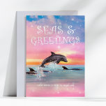 Cartes Pour Fêtes Annuelles Dolphin Seas & Greutages Beach Noël<br><div class="desc">La carte de Noël à thème de la plage comprend un dauphin qui bondit sous un ciel étoilé magique avec la légende "Seas & Greys". Art par KL Stock</div>