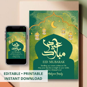 Cartes Pour Fêtes Annuelles Dôme de mosquée verte minimaliste et croissant de