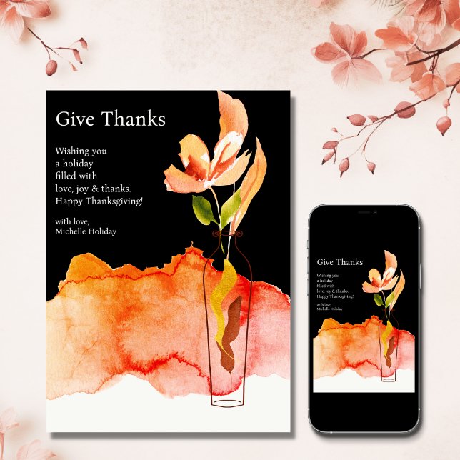 Cartes Pour Fêtes Annuelles Donner Merci - Fleur moderne et Vase Thanksgiving (Give Thanks - Modern Flower and Vase Thanksgiving Holiday Card)
