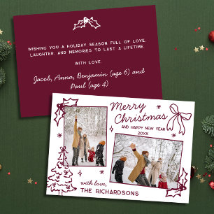 Cartes Pour Fêtes Annuelles Doodle Dessiné à la Main 2 Photo Burgundy Joyeux N