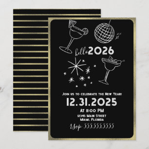 Cartes Pour Fêtes Annuelles Doodle Fantaisiste Bonjour 2026 Nouvel An Or