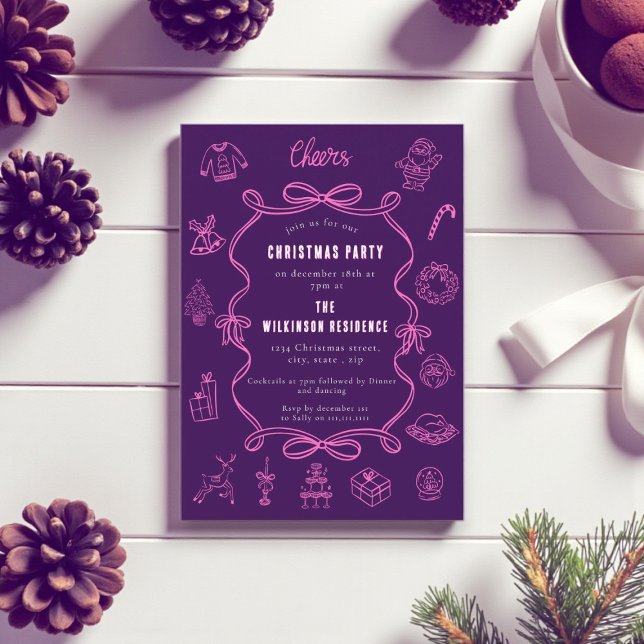 Cartes Pour Fêtes Annuelles Doodle rose violet festif Art Holiday (Créateur téléchargé)