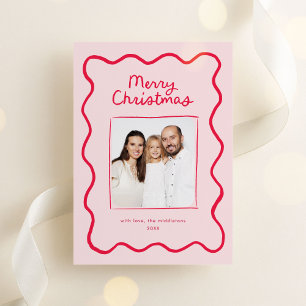 Cartes Pour Fêtes Annuelles Doodle rose Whimsical Wavy Frame Photo de Noël