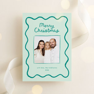 Cartes Pour Fêtes Annuelles Doodle vert Whimsical Wavy Frame Photo de Noël
