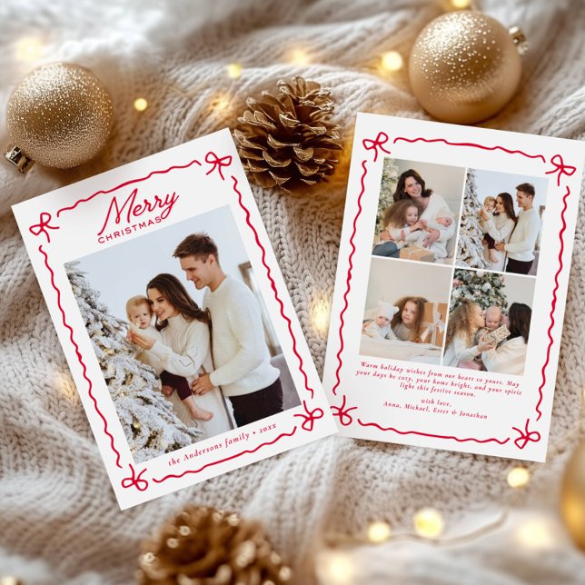 Cartes Pour Fêtes Annuelles Doodle Whimsical Red Bow Photo collage Christmas   (Créateur téléchargé)